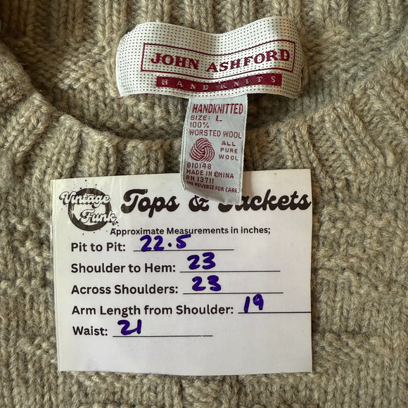 80's John Ashford Hand-knit 100% Wool Sweater Men’s L Beige Cable Knit Fisherman - Picture 5 of 6